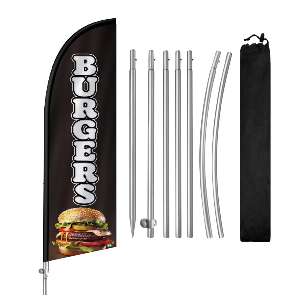 8FT Burgers Sign Black Feather Flag with Stainless Steel Pole Kit/Ground Stake(2m flag set)